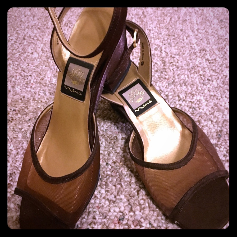 Nina brown open toe sheer front ankle strap shoes